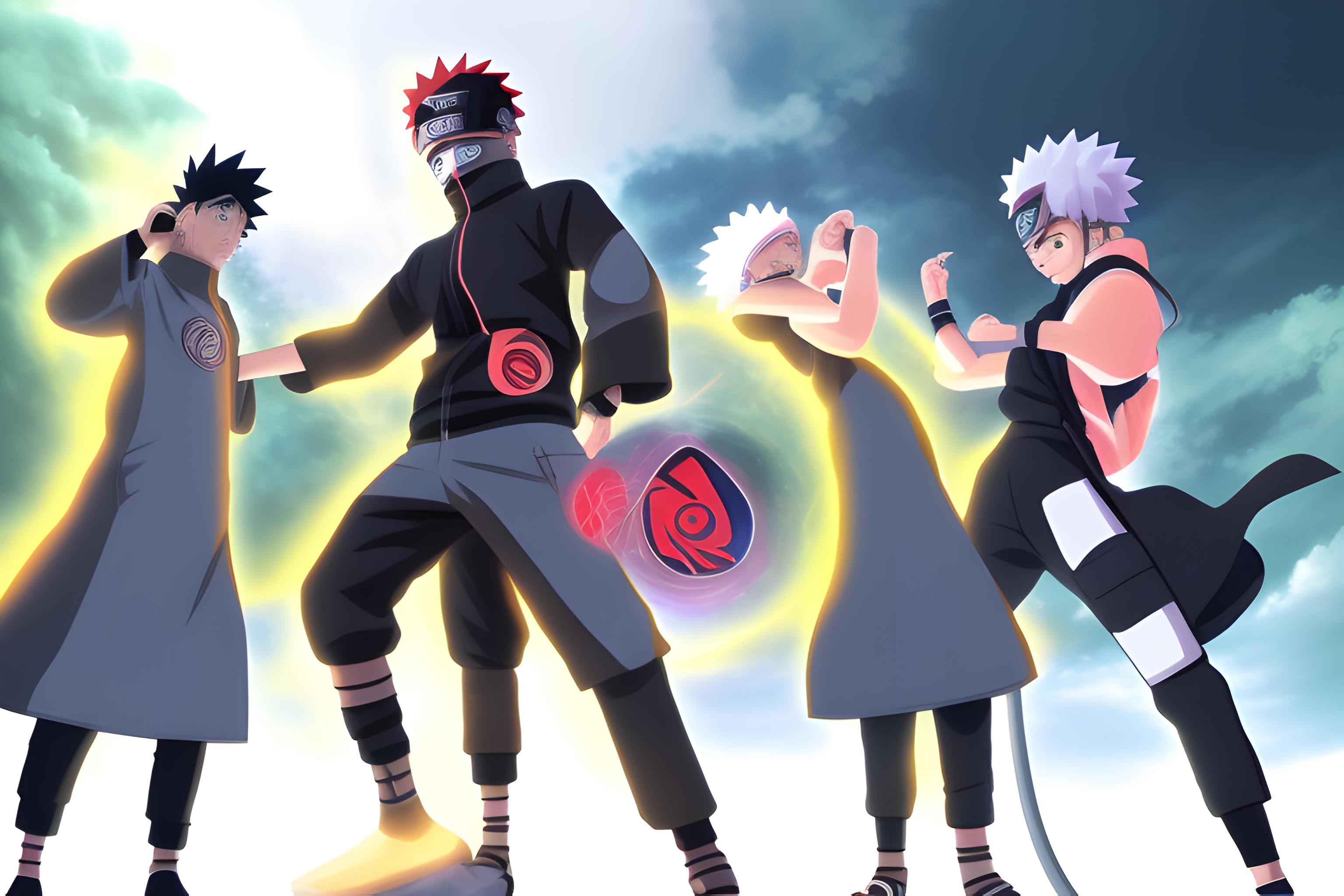 dan na pozadini stoje kakasi naruto saske itaci dziraja obito sakura i hinata iz animea naruto
